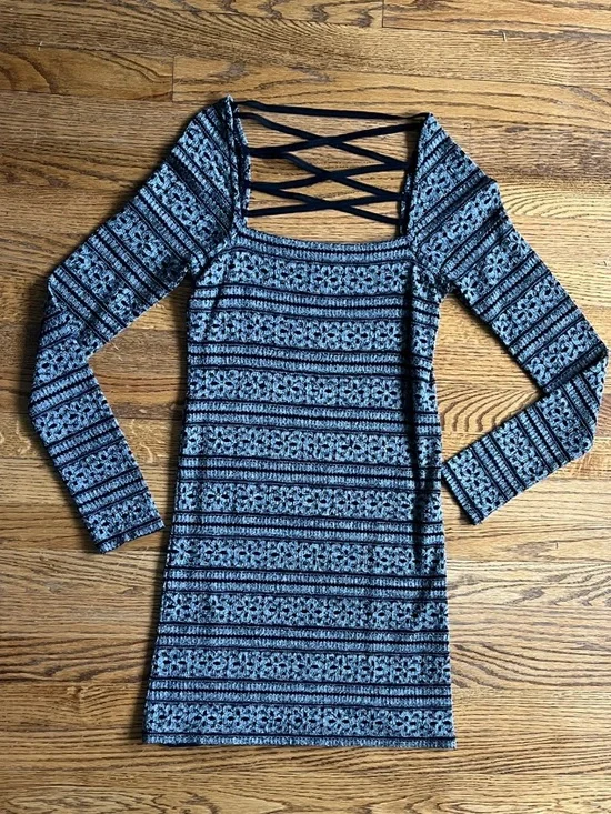 Free People Black and Gray Strappy-Back Long Sleeve Knit Mini Dress