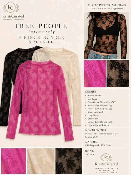 Free People Intimately Lace Mesh Long Sleeve Top Bundle 3 Piece Size L NWT/NWOT
