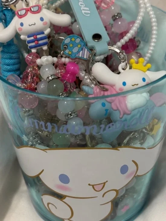 Sanrio Cinnamoroll Collectors Cup with Large Assorted Jewelry and Keychain Bundl