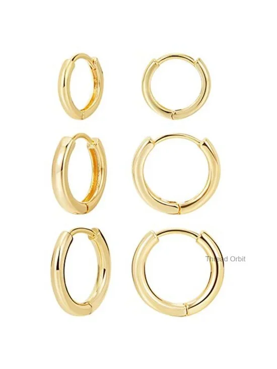 14K Gold Plated Huggie Hoop Earrings 3 Pairs Minimalist Stacking Set