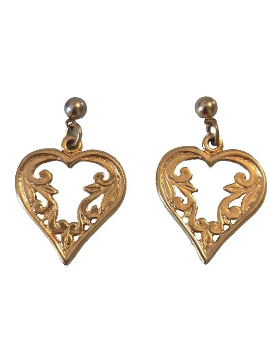Heart Shaped Dangle Pierced Earrings Gold-Tone Scrollwork Costume Jewelry