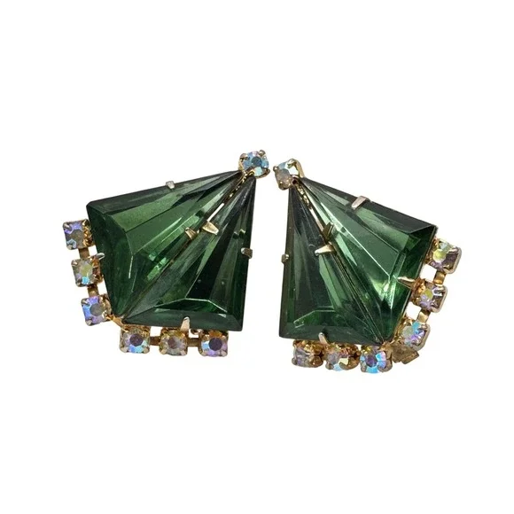 Vintage Emerald Green Glass Shield Clip On‎ Earrings Aurora Borealis Rhinestone