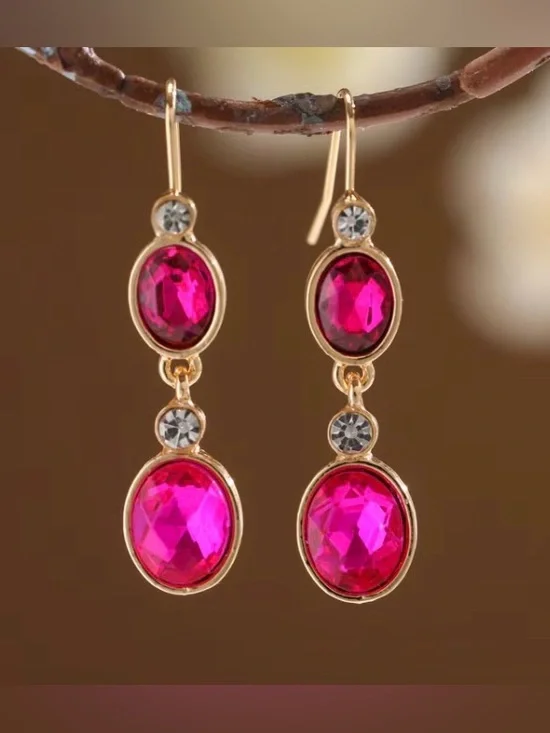 Gold-Tone Pink Drop Earrings with Faceted Pink Stones