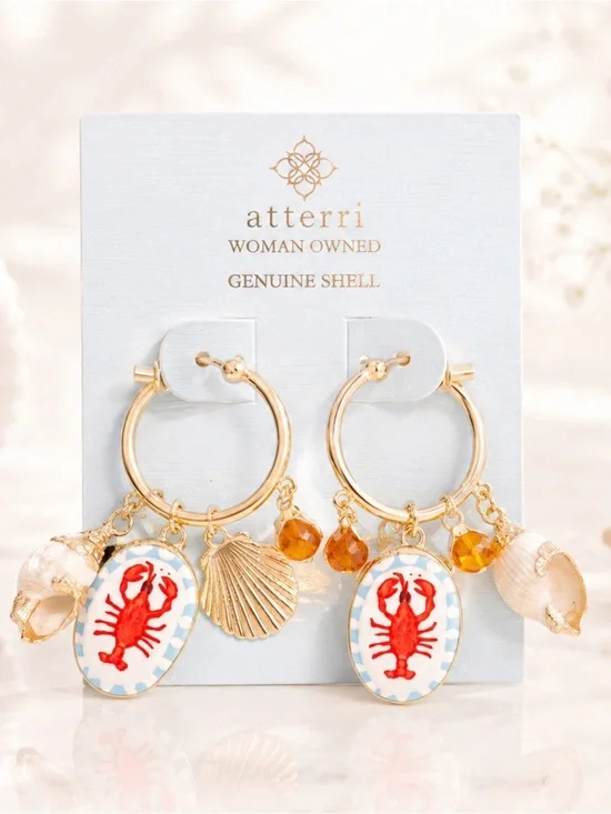 Atterri Gold Hoop Dangle Earrings Red Lobster Genuine Shell Charms Rhinestone
