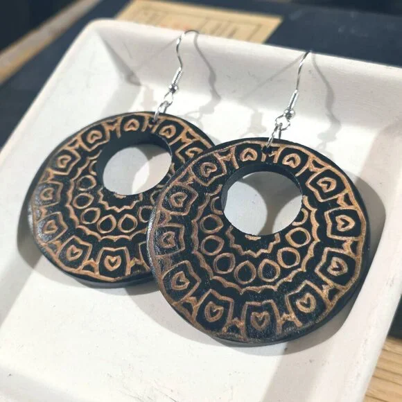 Geometric Abstract Tribal Style Black Tan Laser Etched Handmade Wood Earrings