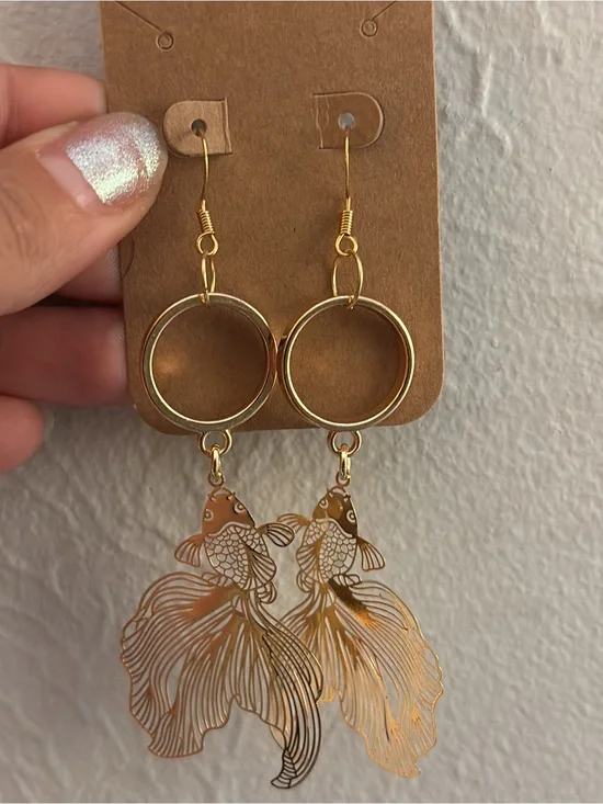 Gold Koi Dangle Earrings - Elegant Gold Tone