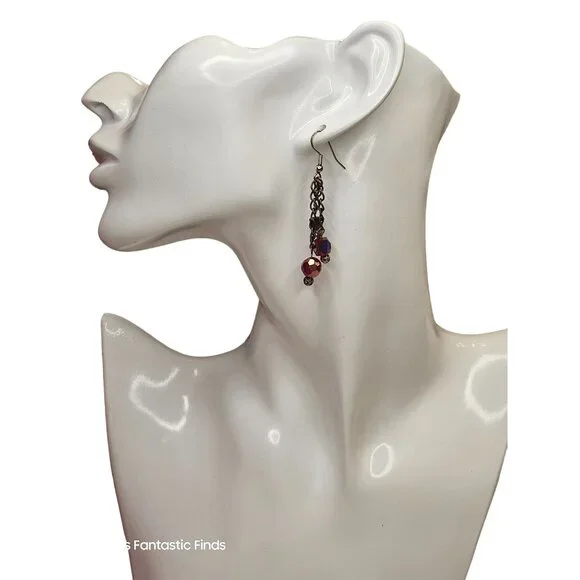 Swarovski AB Red & Silver Beaded Dangle Earrings Silver Hook‎ Back