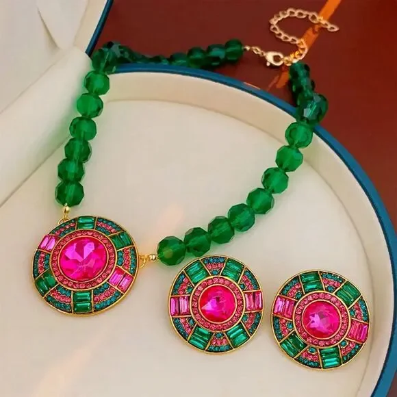 Luxury Green Crystal Necklace & Earrings Set - Geometric Colourful Design
