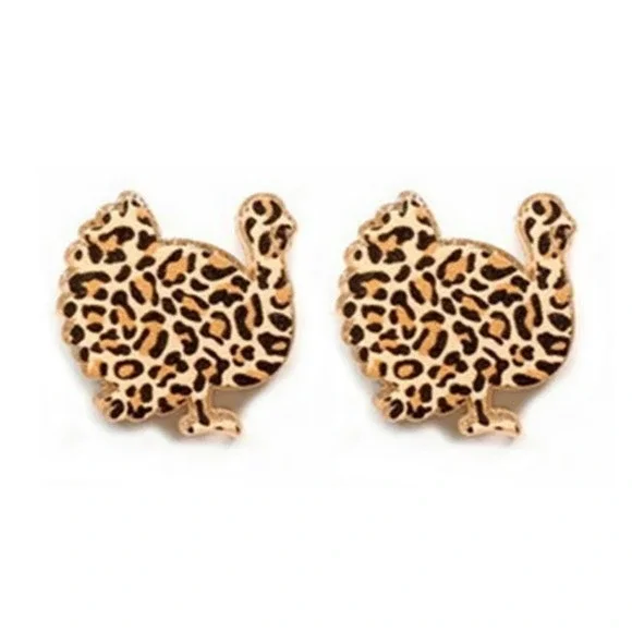 Turkey Stud Earrings Women OS Brown Leopard‎ Print Thanksgiving Jewelry