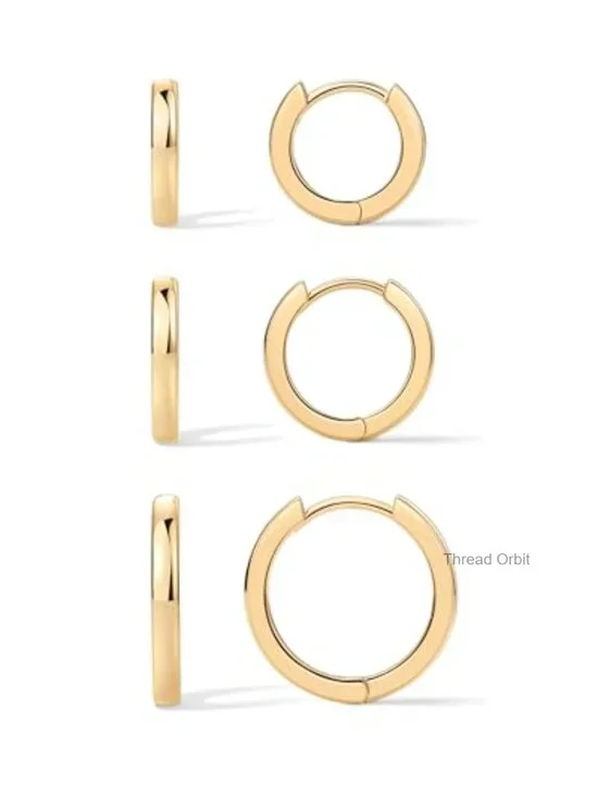 14K Gold Plated 925 Sterling Silver Hoop Earrings Set 3 Pairs Hypoallergenic