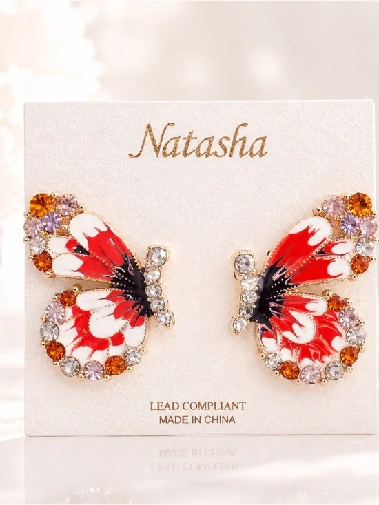 Natasha Couture Red and White Butterfly Crystal Enamel Stud Earrings