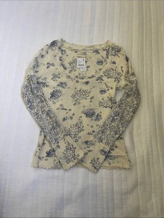 Free People Cream Long Sleeve Floral Print Top with Blue Motif