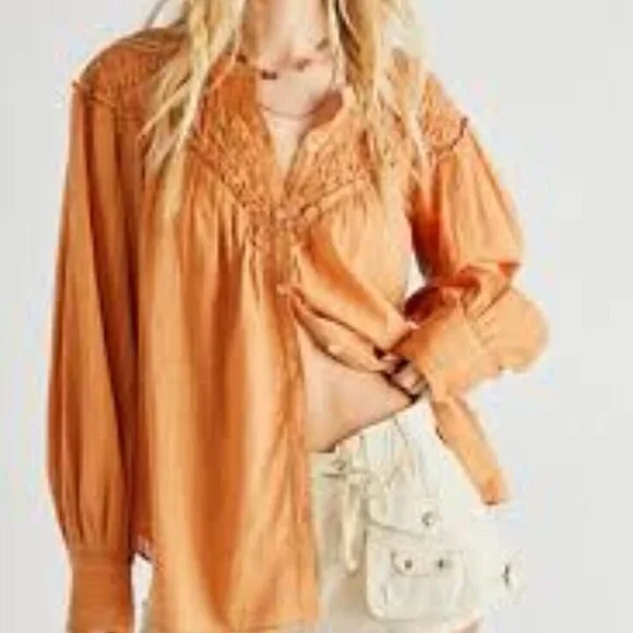 ✅ FREE PEOPLE Marigold Button Down Top SIZE X-SMALL OVERSIZED‎ LONG SLEEVE