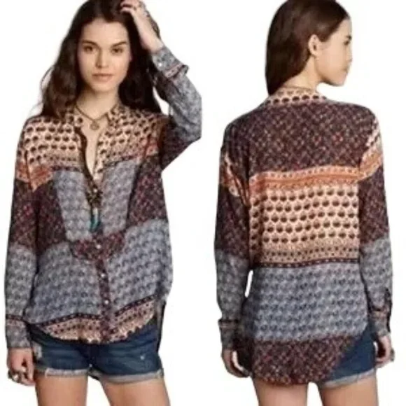 Free People Caravan Patchwork Button Down Top