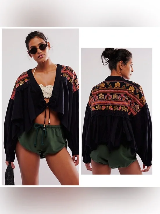 Free‎ People Savannah Bed Jacket Tribal Festival Embroidered XS Black