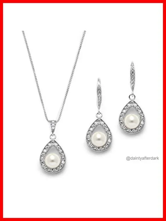 Pearl & Cubic Zirconia Wedding Jewelry Set - Necklace & Drop Earrings