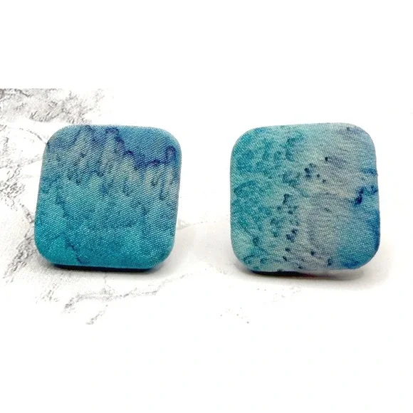 Blue Fabric Statement Stud Earrings‎ Square Textile Boho 1