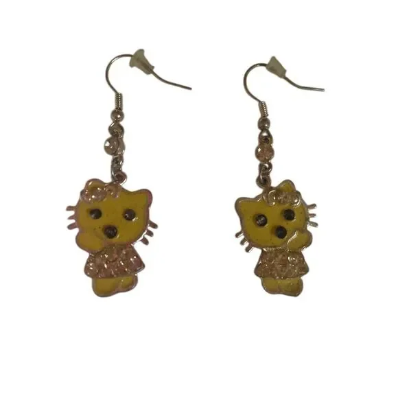 Hello Kitty Yellow Enamel Crystal Dangle Earrings Kawaii Fashion‎ Jewelry