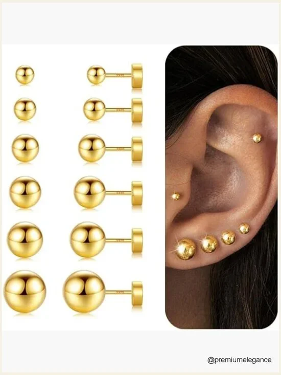 6 Pairs Hypoallergenic Silver Flat Back Earrings Stud Cartilage Cubic Zirconia