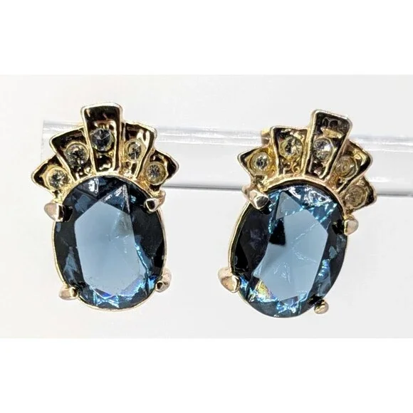 Vintage Blue Glass Stud Earrings Clear Rhinestone Crown Gold Tone Pierced 15mm
