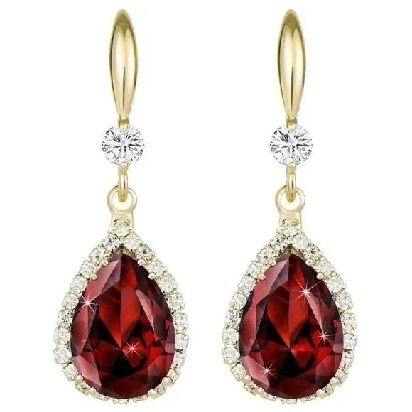14K Yellow Gold with Red Garnet Cubic Zirconia Teardrop Hook Dangling Earrings