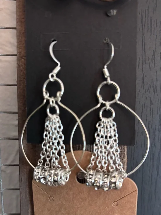 Silver Chain Tassel Hoop Earrings with Rhinestone Accents