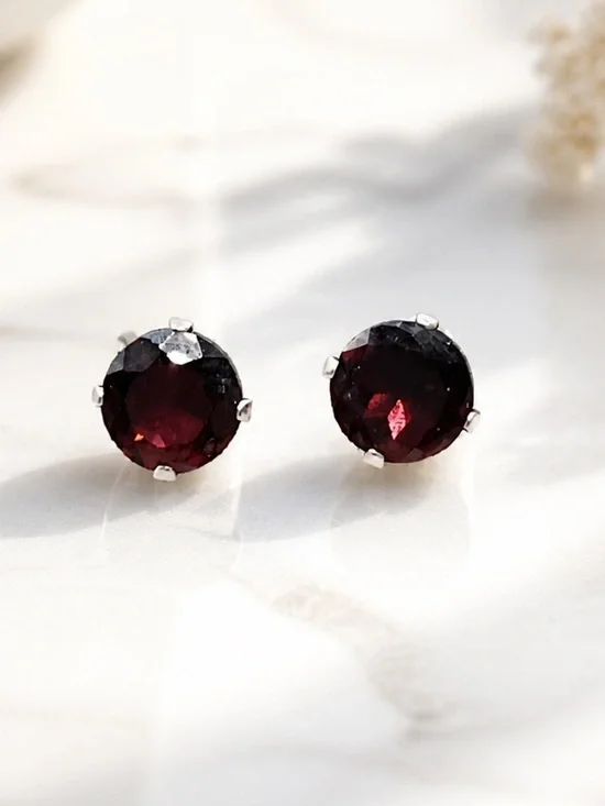 Deep Garnet Round Sterling Silver Stud Earrings