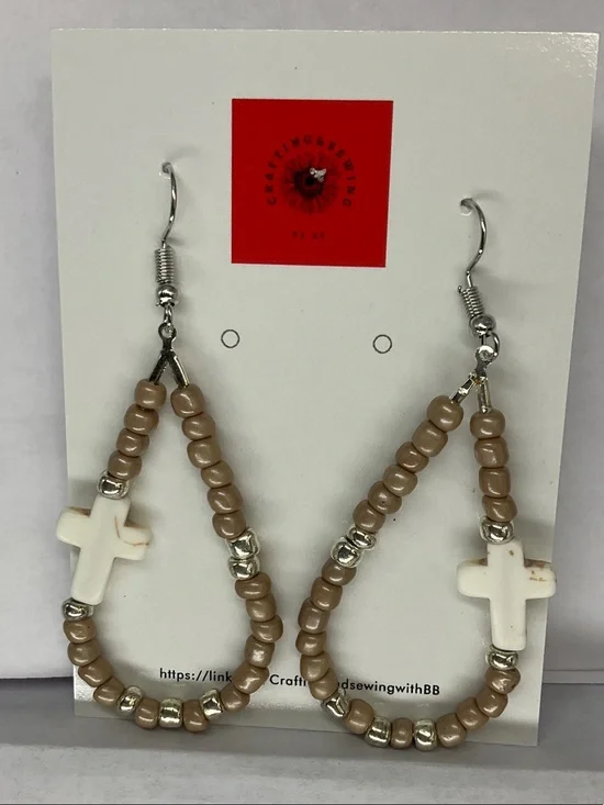 Beaded Taupe Cross TearDrop Earrings