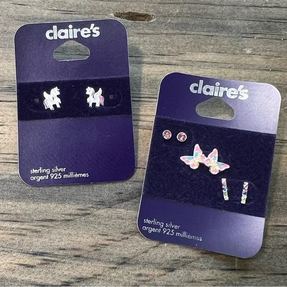 NEW Claire's Sterling Silver Unicorn Butterfly & Gemstone Stud Earring Set Kids‎