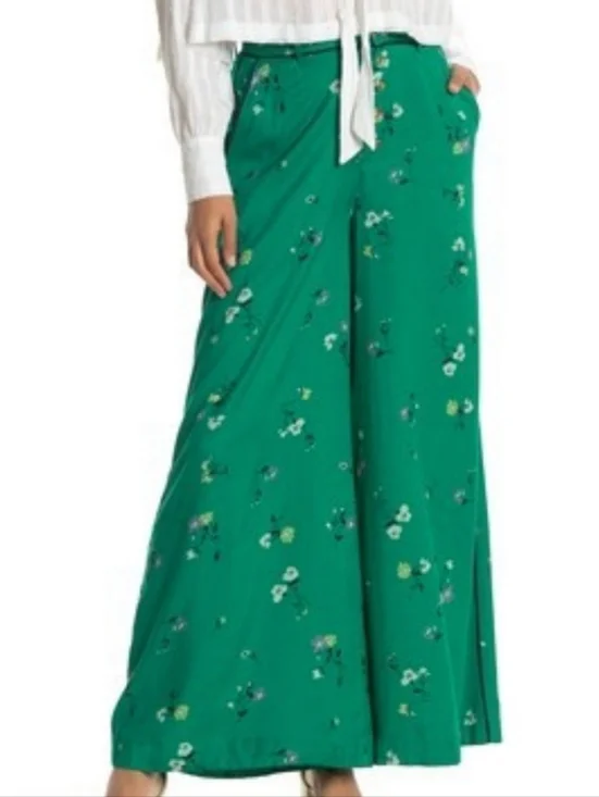 Free People Green Floral Wide Leg Viscose Pants Size 2
