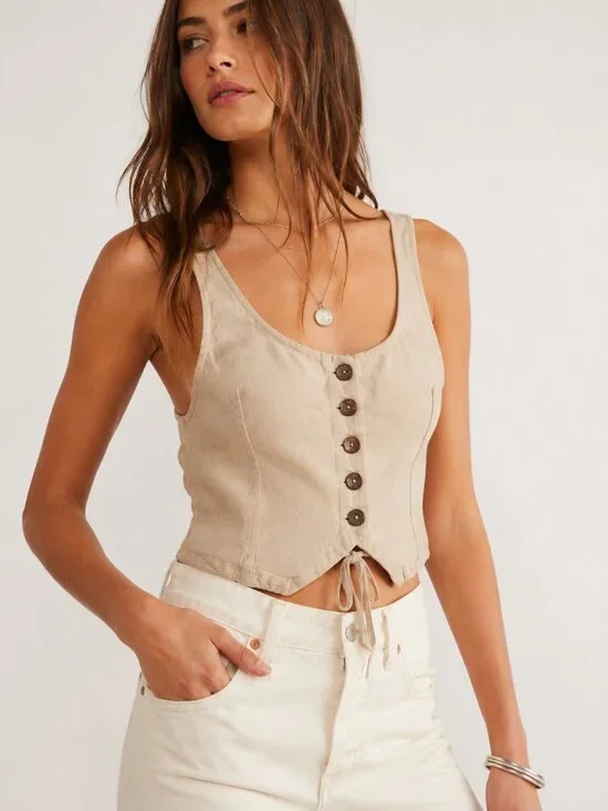Free People Copped Open Back Corset Linen Button Vest Tan