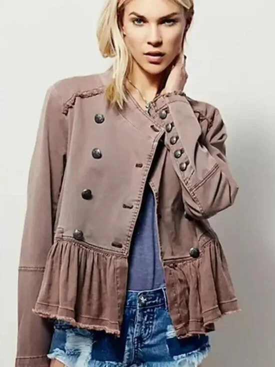 FREE PEOPLE Ruffled Flare Hem Cropped Military Jacket Coat – Medium