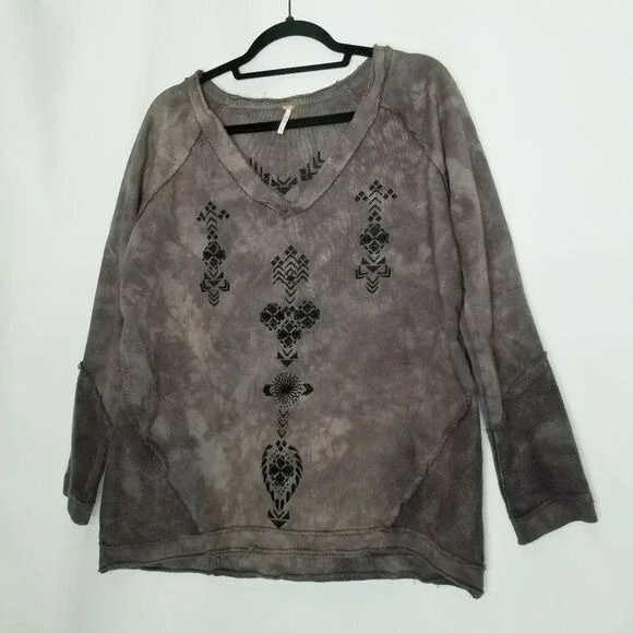 Free People Sweater Brown Tie Dye Blotches Oversized Embroidered Beachy Boho‎ XS