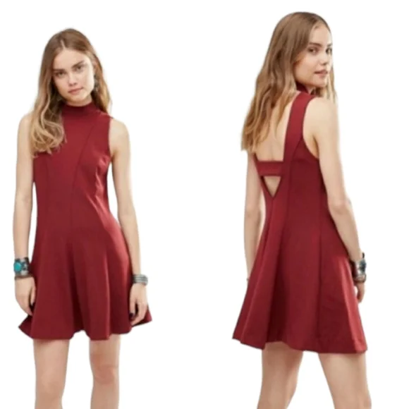 FREE PEOPLE Layla Red Sleeveless Knit Mini Skater POCKET Fit & Flare Dress EUC L