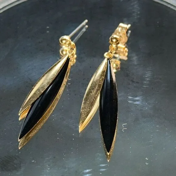 Vintage 70s/80s gold tone & black enamel painted post drop‎ earrings