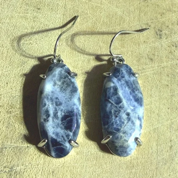 VTG Sodalite Stone Oval Cabochon Drop Earrings Blue Silver Tone Cottagecore Gift