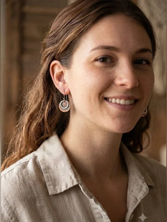 Hammered Bronze Industrial Boho Double Circle Dangle Earrings Handmade