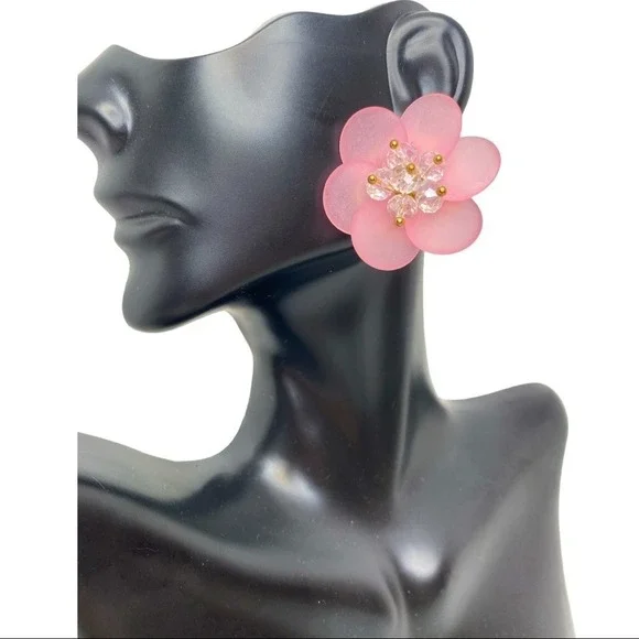 Women's Pink Flower‎ Earrings Crystal Beaded Accent Studs Fashion Jewelry