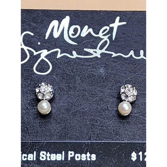 Vintage MONET Earrings Signature Faux‎ Pearl Rhinestone Post On Card FREE $HIP!!