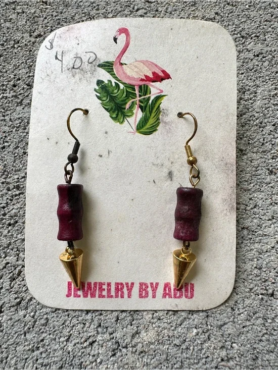 Burgundy Wooden Bead & Gold Spike Drop Earrings