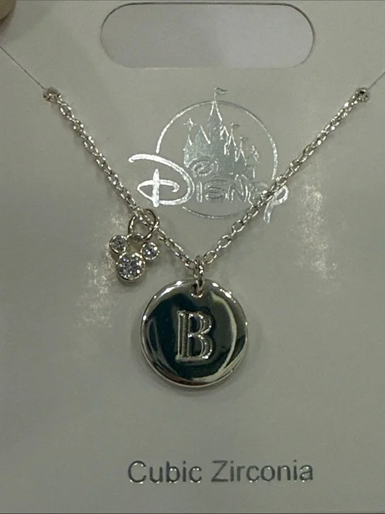 Disney Silver Tone 'B' Initial Necklace with Crystal Mickey Accent