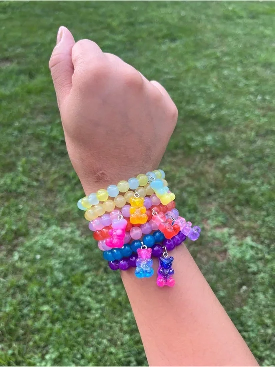Kids Pink and Purple Beaded Bracelet with Pink and Lavender Gummy Bear Charm