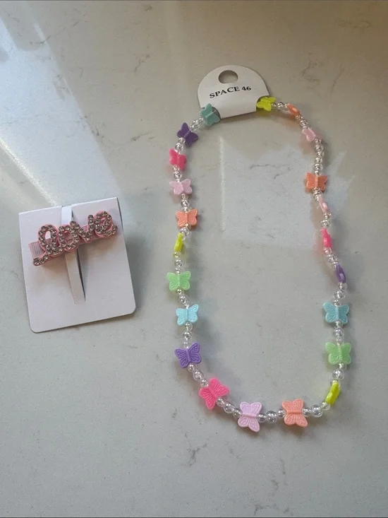 NWT - Kids Multicolor Butterfly Bead Necklace and “love” barette bundle