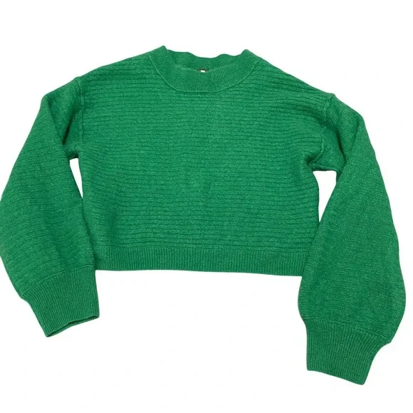 Free People XS Cashmere Cropped Sweater Green Ribbed Crew Neck OB1461404