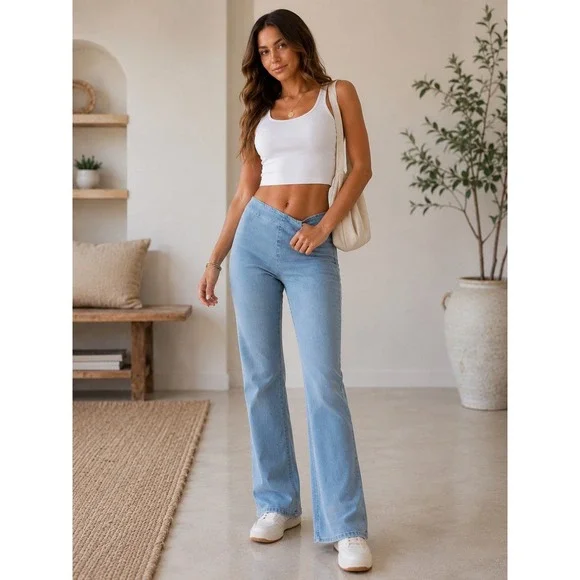 Free People Penny Pull-On Boho Y2K Flare Jeans Light Wash Blue Denim 29 Short