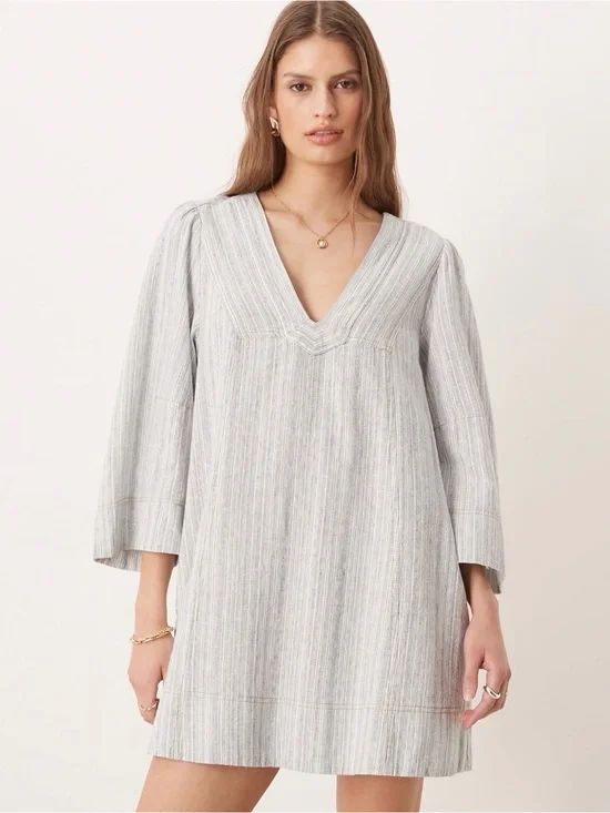 Free People Linen Blend Striped Tunic Dress Blue White Size M NWT