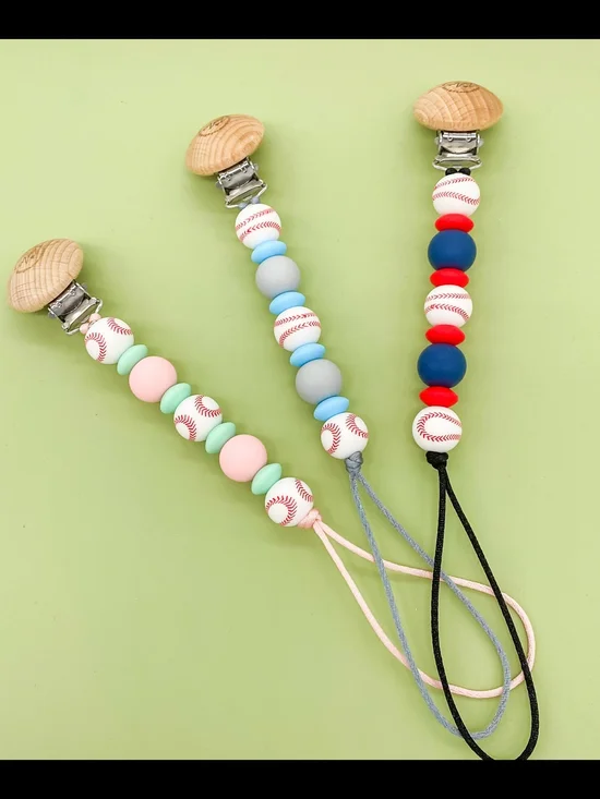 Kids Silicone Baseball Bead Pacifier Clip - Blue, Pink, Gray