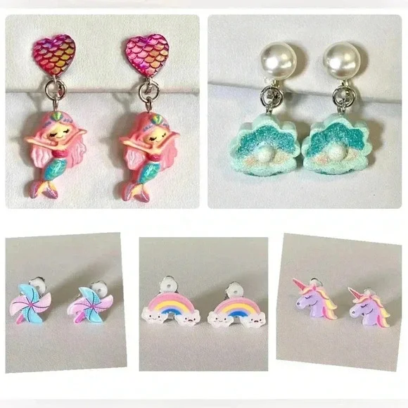 5 Pairs Kids Clip On Earrings Rainbow Unicorn Seashell Pinwheel Mermaid