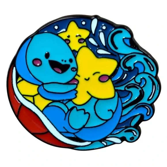 Nintendo Pokemon Cute Squirtle w/ Water And Star Round Enamel Pin