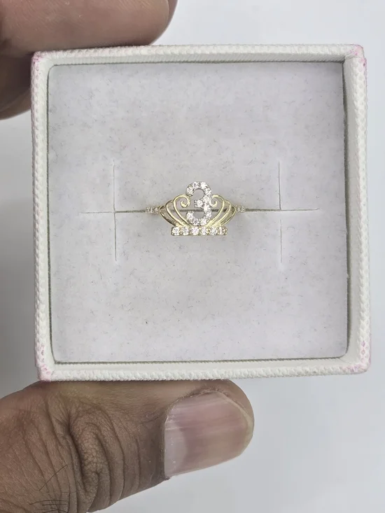 10k Real Gold Crown Number 3 Ring with Clear Stones - Women Jewelry